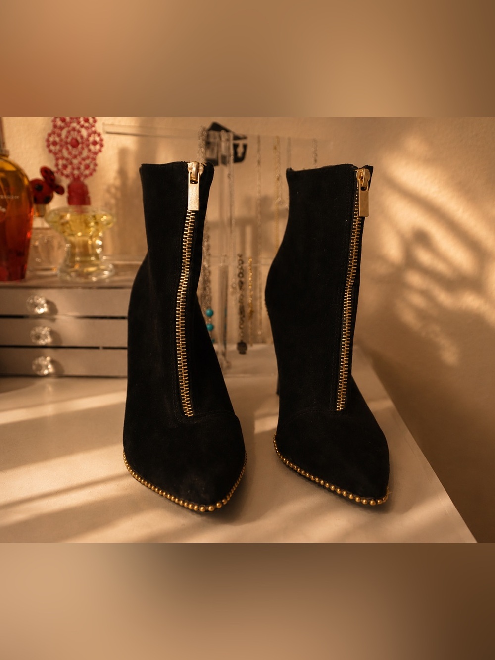 edge Black Suede Pointed Ankle Boots with Gold Zippers